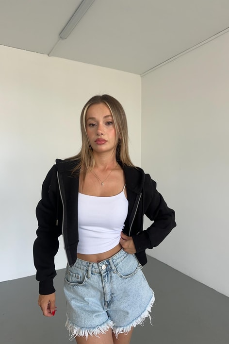 Fermuarlı Crop Hırka Siyah