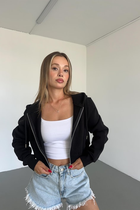 Fermuarlı Crop Hırka Siyah