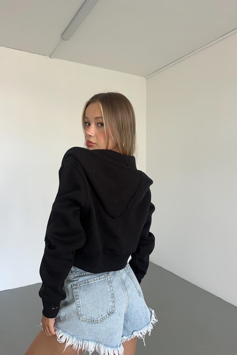 Fermuarlı Crop Hırka Siyah