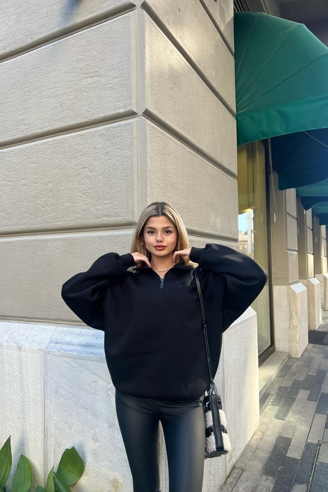 Fermuarlı Oversize Sweatshirt Siyah
