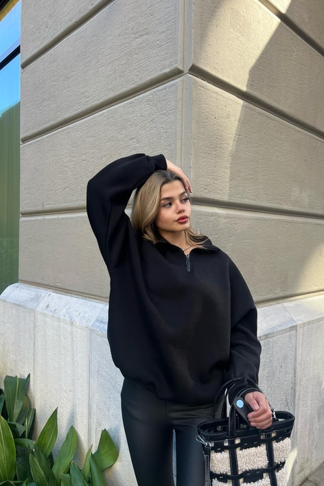 Fermuarlı Oversize Sweatshirt Siyah