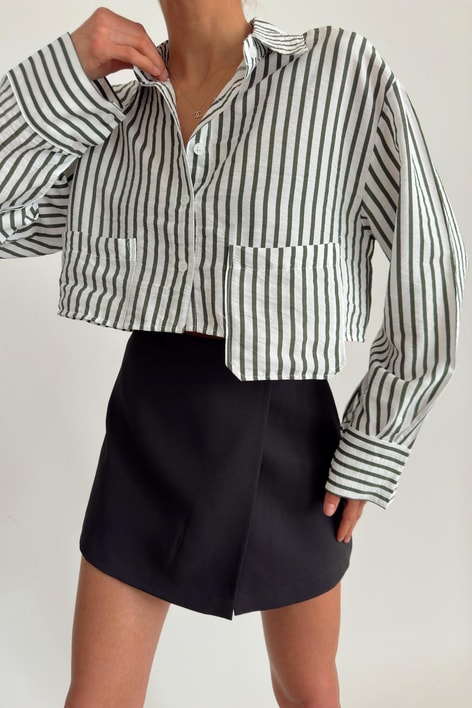 Asimetrik Cep Çizgili Gömlek Haki
