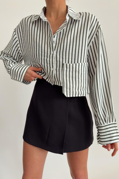 Asimetrik Cep Çizgili Gömlek Haki