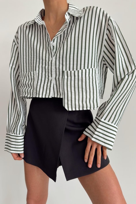 Asimetrik Cep Çizgili Gömlek Haki