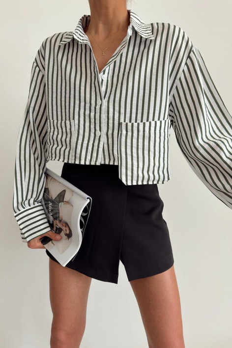 Asimetrik Cep Çizgili Gömlek Haki