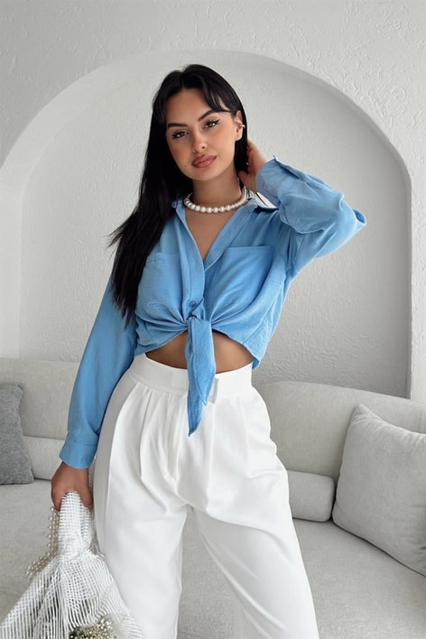 Bağlamalı Crop Fresh Gömlek Bebe Mavi