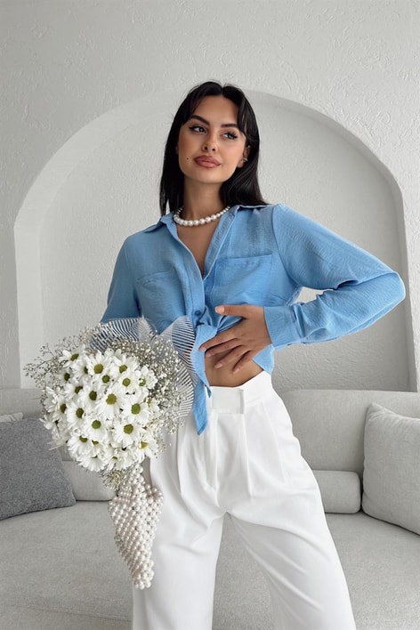 Bağlamalı Crop Fresh Gömlek Bebe Mavi