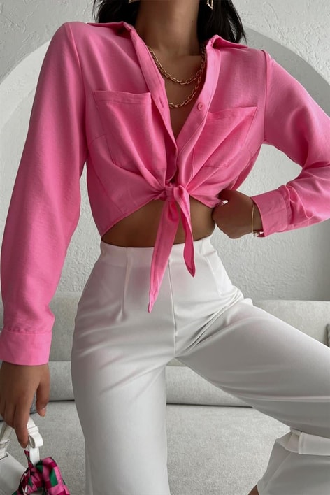 Bağlamalı Crop Fresh Gömlek Pembe