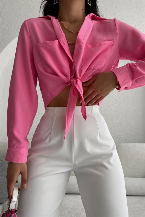 Bağlamalı Crop Fresh Gömlek Pembe