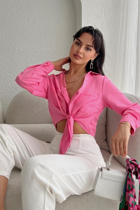 Bağlamalı Crop Fresh Gömlek Pembe
