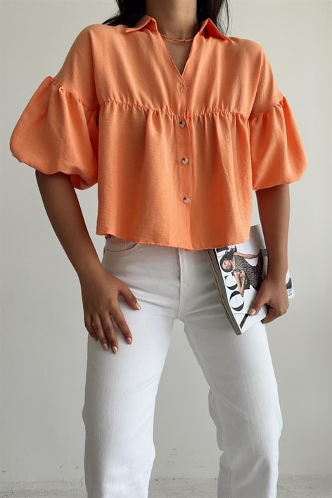 Balon Kol Crop Gömlek Kavuniçi