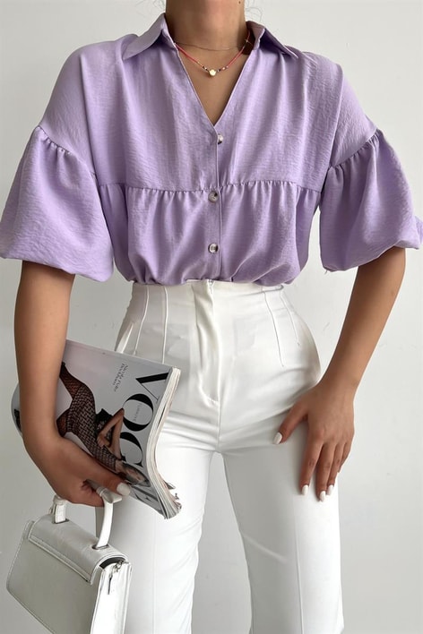 Balon Kol Crop Gömlek Lila