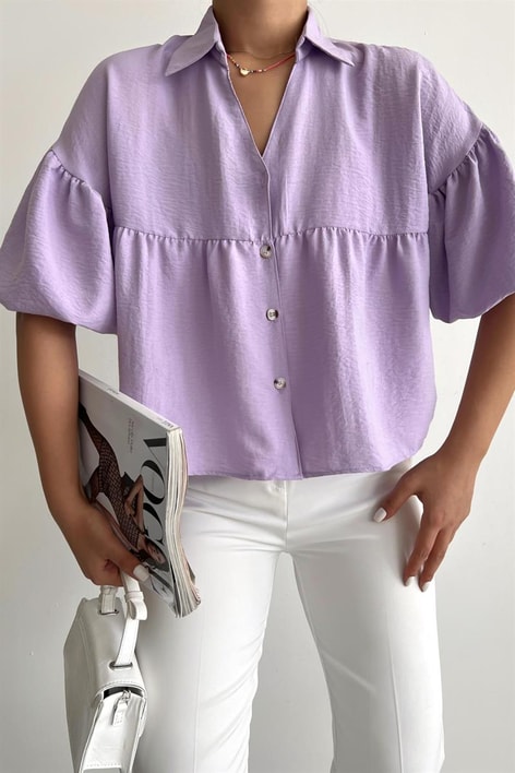 Balon Kol Crop Gömlek Lila