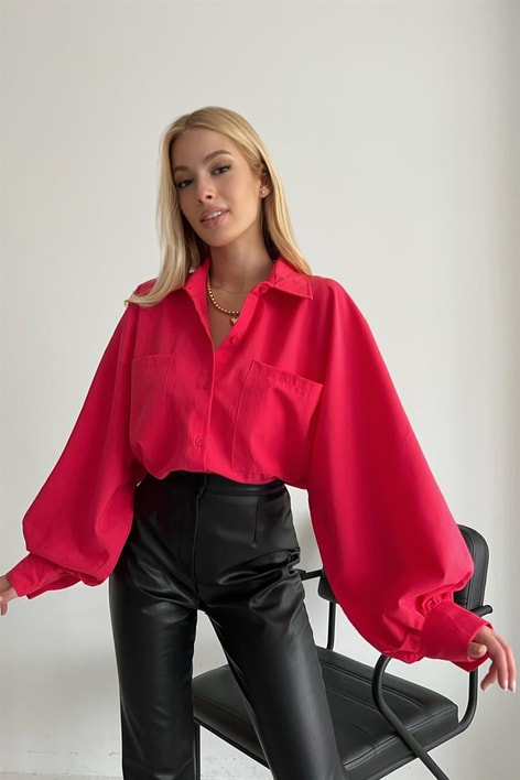 Balon Kol Poplin Gömlek Fuşya