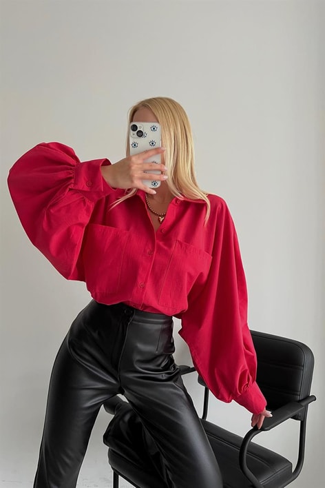 Balon Kol Poplin Gömlek Fuşya