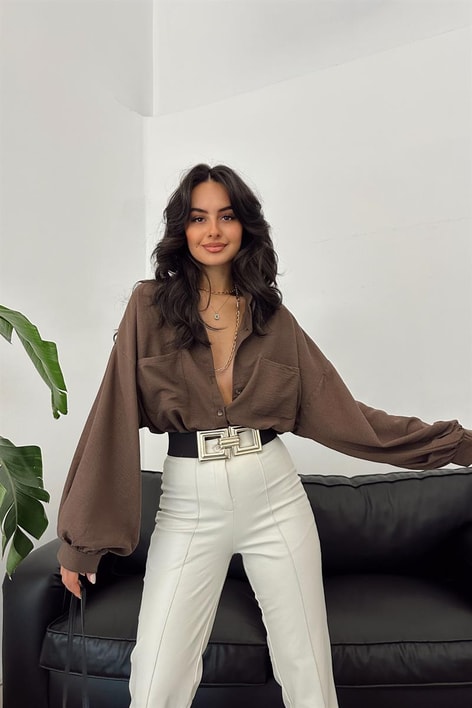 Balon Kollu Cep Detay Gömlek Kahve