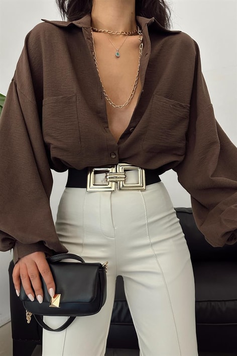 Balon Kollu Cep Detay Gömlek Kahve