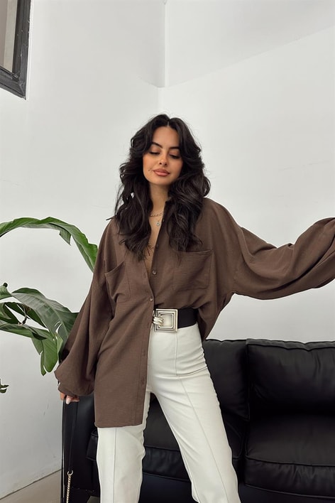 Balon Kollu Cep Detay Gömlek Kahve