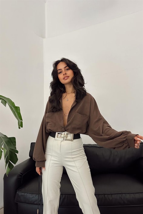 Balon Kollu Cep Detay Gömlek Kahve