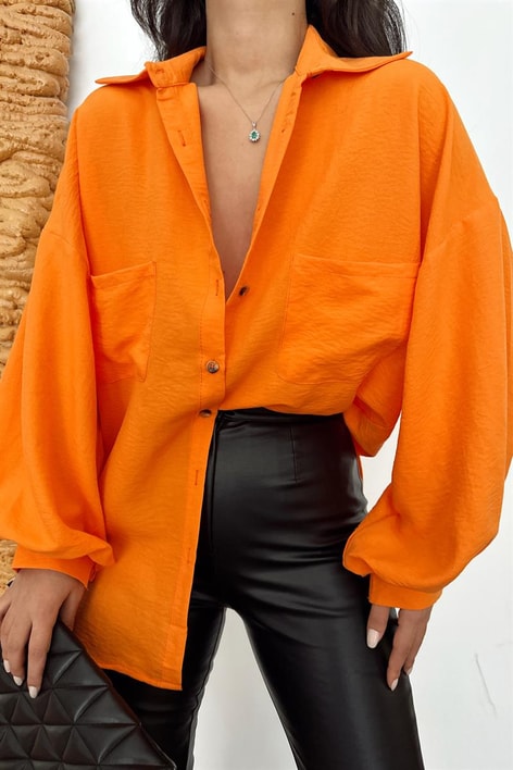 Balon Kollu Cep Detay Gömlek Oranj