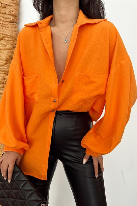 Balon Kollu Cep Detay Gömlek Oranj