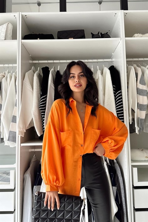 Balon Kollu Cep Detay Gömlek Oranj