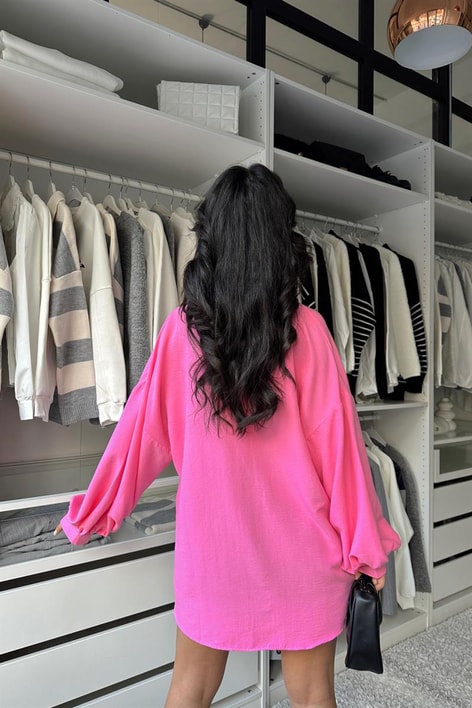 Balon Kollu Cep Detay Gömlek Pembe