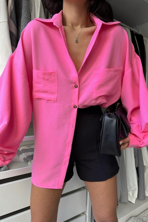 Balon Kollu Cep Detay Gömlek Pembe