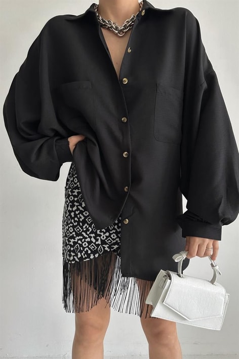 Balon Kollu Cep Detay Gömlek Siyah