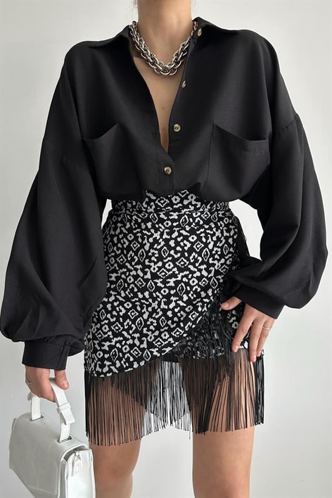 Balon Kollu Cep Detay Gömlek Siyah