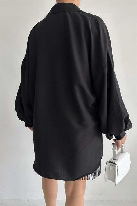 Balon Kollu Cep Detay Gömlek Siyah