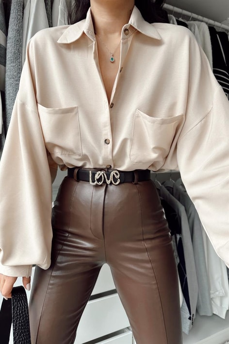 Balon Kollu Cep Detay Gömlek Taş