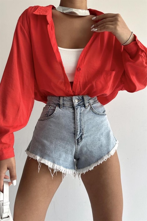 Balon Kollu Salaş Gömlek Kırmızı