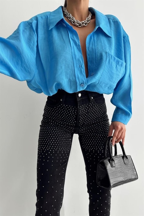 Balon Kollu Salaş Gömlek Mavi