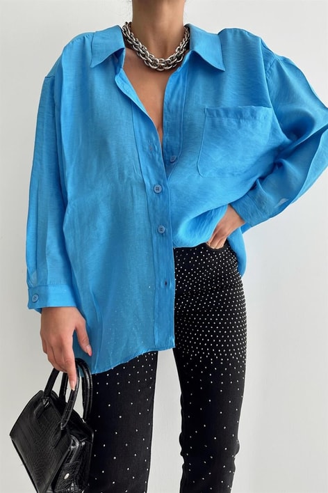Balon Kollu Salaş Gömlek Mavi