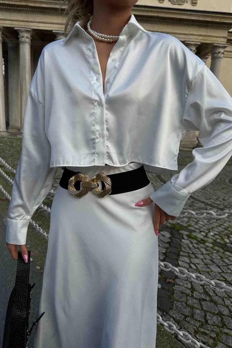 Basic Crop Saten Gömlek Beyaz