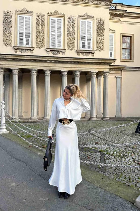 Basic Crop Saten Gömlek Beyaz