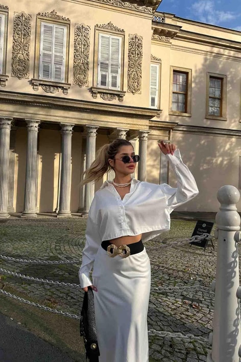 Basic Crop Saten Gömlek Beyaz
