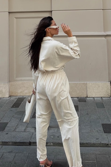 Boncuk Detaylı Keten Gömlek Taş