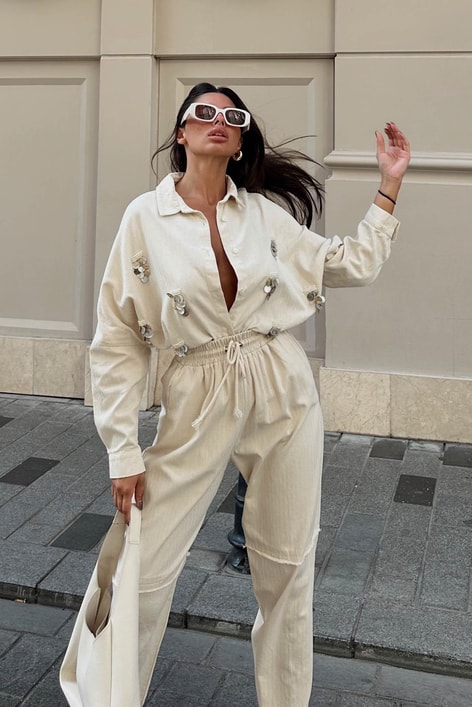 Boncuk Detaylı Keten Gömlek Taş