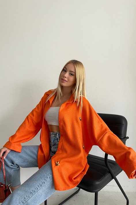 Boncuk İşlemeli Oversize Gömlek Oranj
