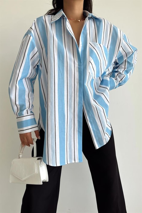 Cep Detay Çizgili Oversize Gömlek Mavi