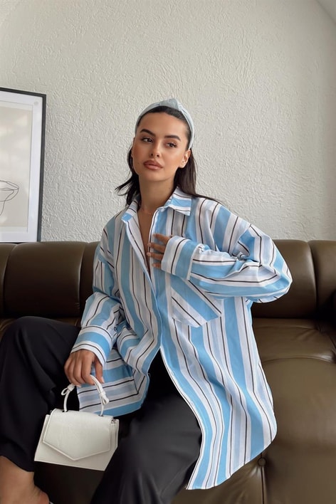 Cep Detay Çizgili Oversize Gömlek Mavi