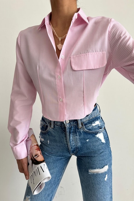 Cep Kapaklı Çizgili Crop Gömlek Pembe