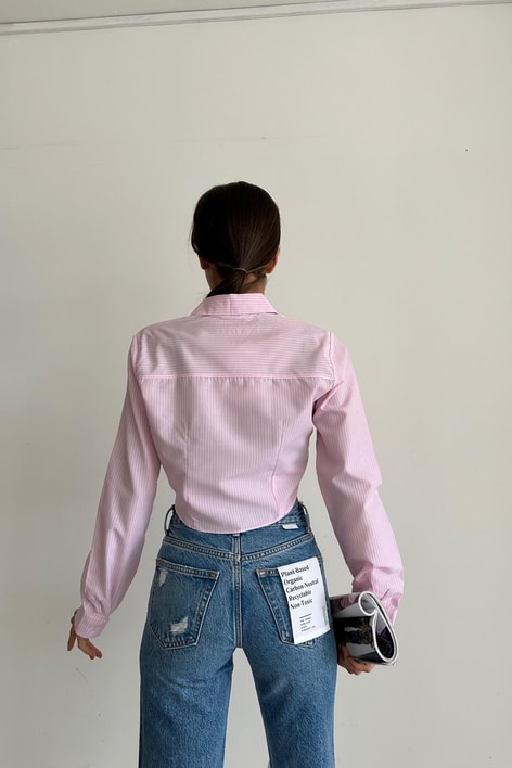 Cep Kapaklı Çizgili Crop Gömlek Pembe