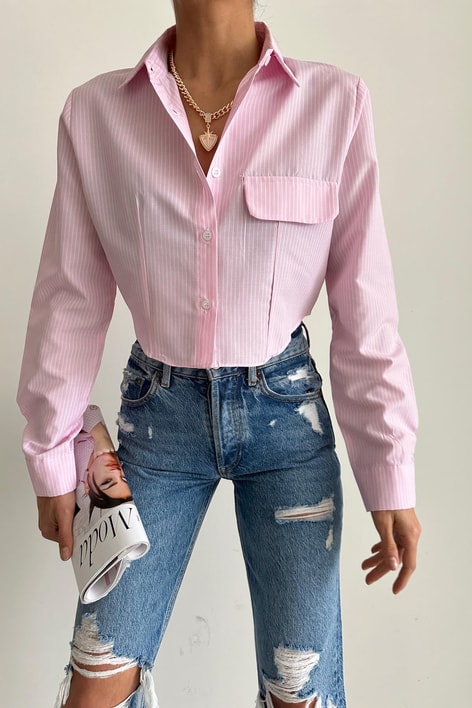 Cep Kapaklı Çizgili Crop Gömlek Pembe