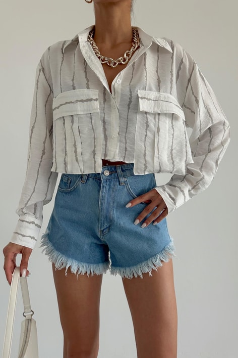 Çift Cep Crinkle Crop Gömlek Ekru