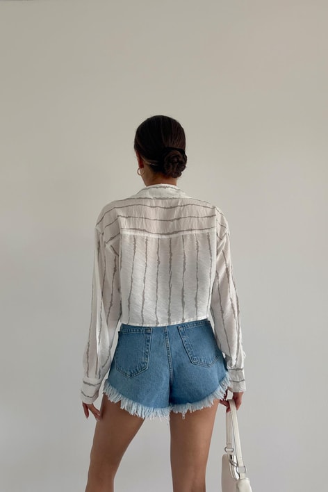 Çift Cep Crinkle Crop Gömlek Ekru