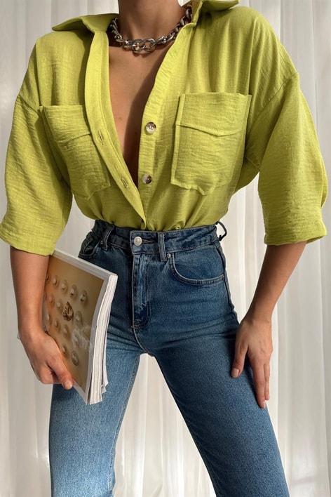 Çift Cep Midi Kol Crop Gömlek Fıstık Yeşili