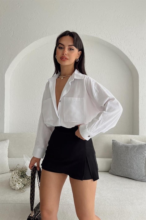 Çift Cepli Keten Gömlek Beyaz